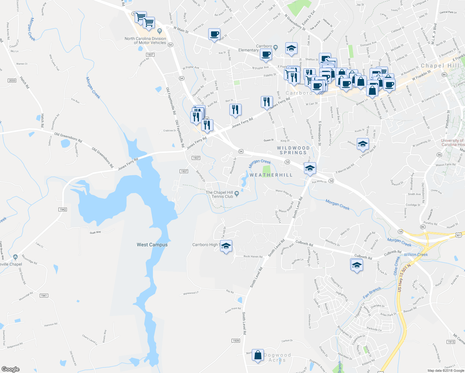 map of restaurants, bars, coffee shops, grocery stores, and more near 311 Berryhill Drive in Carrboro
