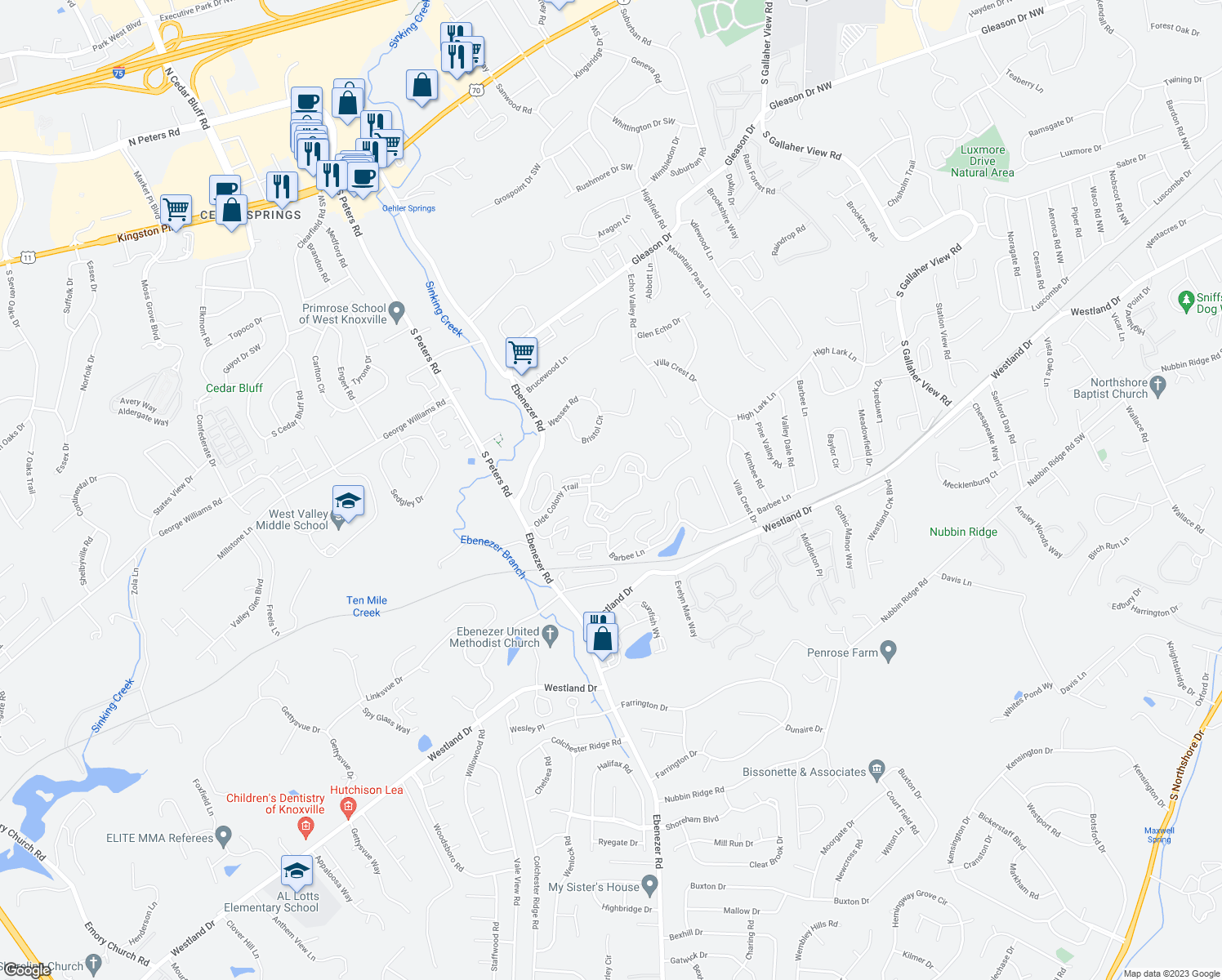 map of restaurants, bars, coffee shops, grocery stores, and more near 8661 Olde Colony Trail in Knoxville