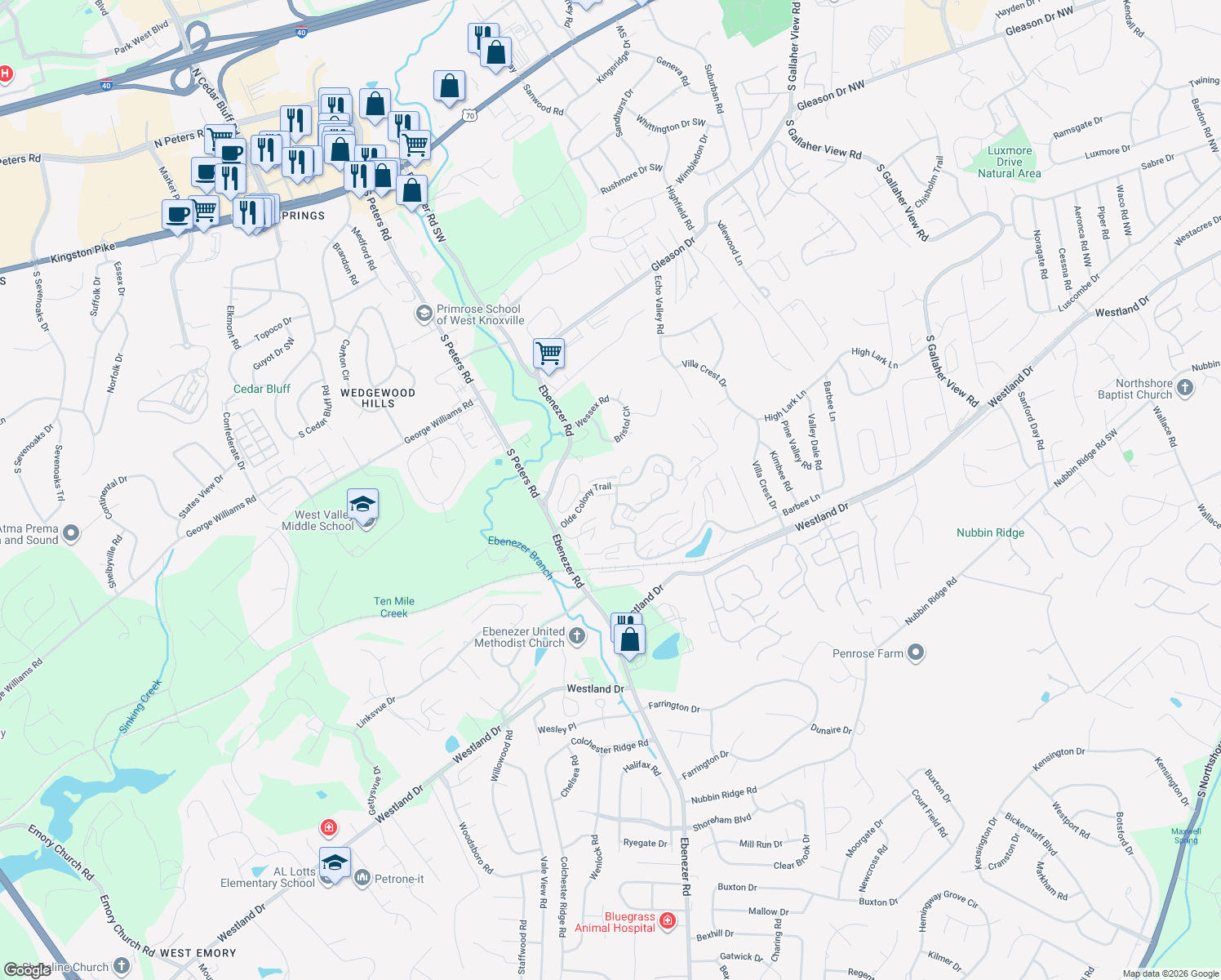 map of restaurants, bars, coffee shops, grocery stores, and more near 807 Olde Pioneer Trail in Knoxville