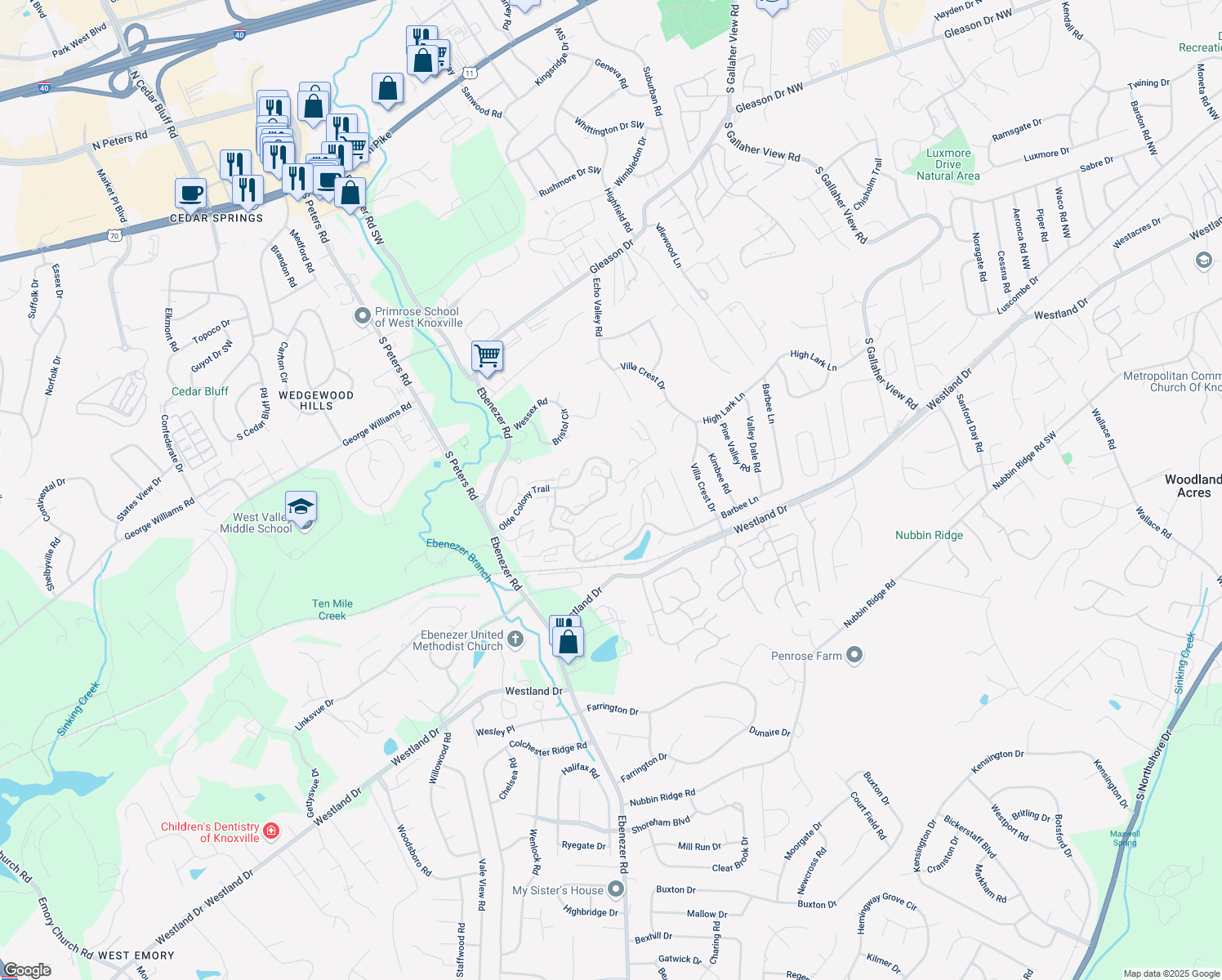 map of restaurants, bars, coffee shops, grocery stores, and more near 8600 Olde Colony Trail in Knoxville