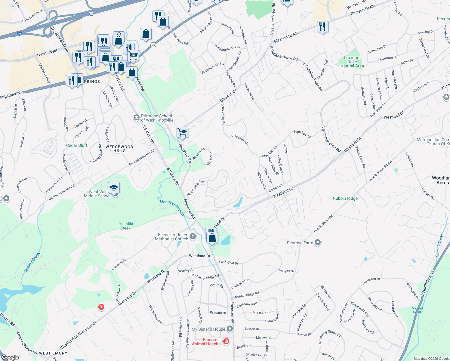 map of restaurants, bars, coffee shops, grocery stores, and more near 8600 Olde Colony Trail in Knoxville