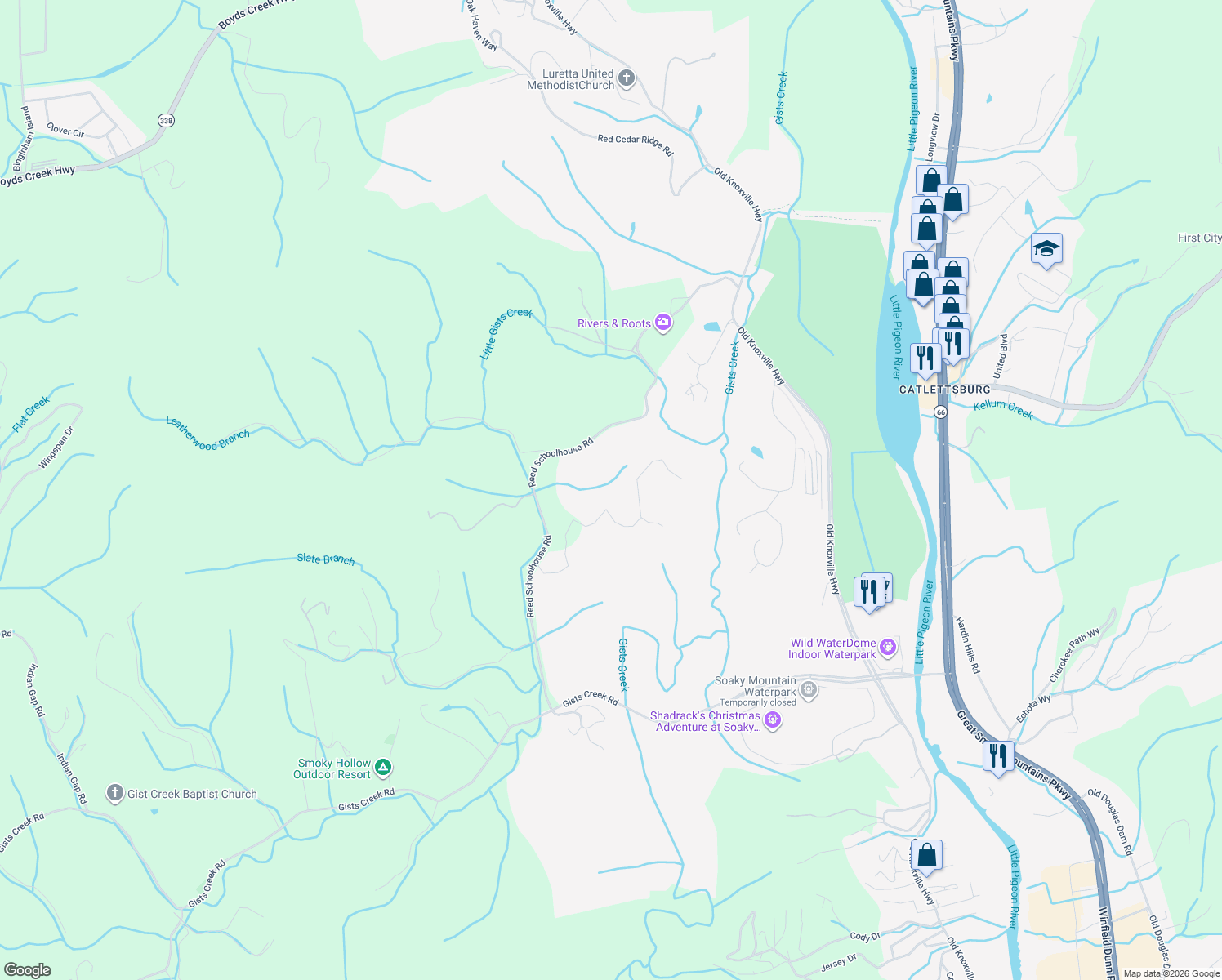 map of restaurants, bars, coffee shops, grocery stores, and more near 203 Reed Schoolhouse Road in Sevierville