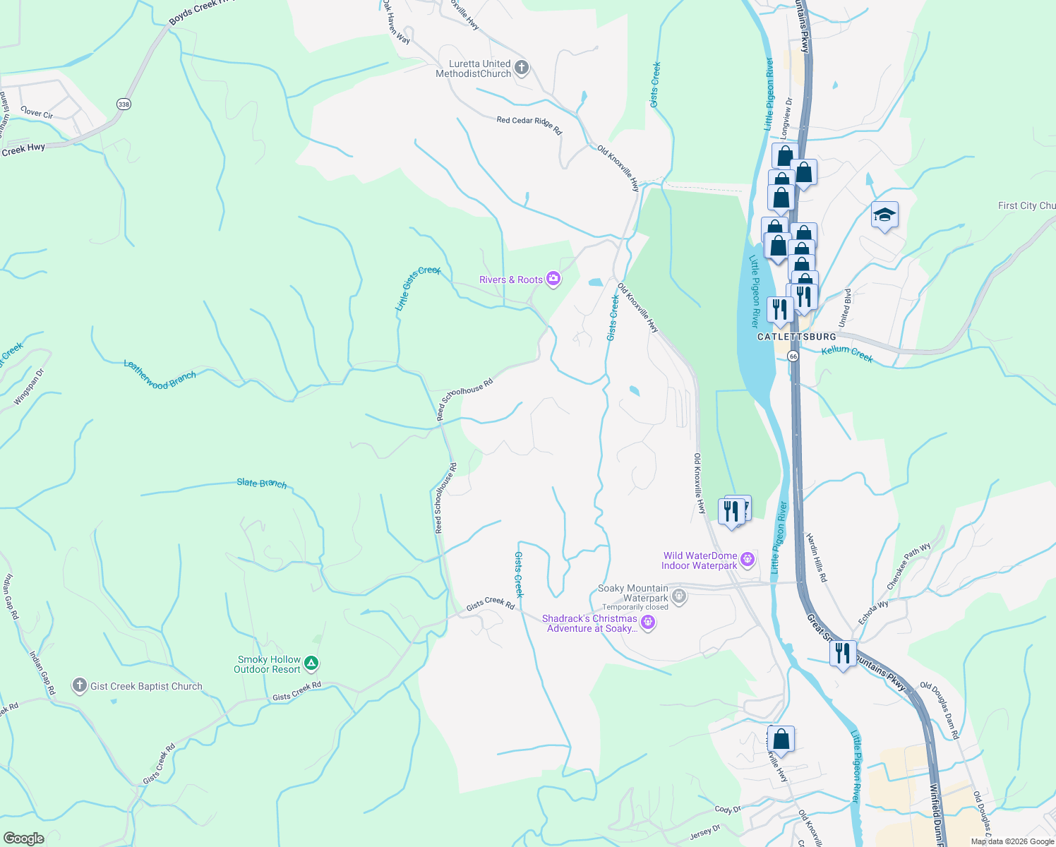 map of restaurants, bars, coffee shops, grocery stores, and more near 203 Reed Schoolhouse Road in Sevierville