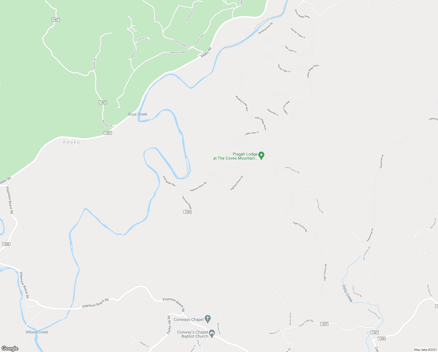 map of restaurants, bars, coffee shops, grocery stores, and more near Highland River Road in Caldwell County