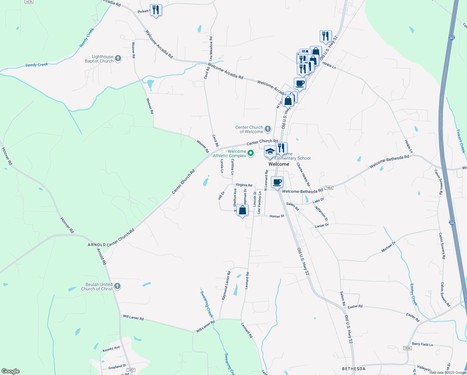 map of restaurants, bars, coffee shops, grocery stores, and more near 299 Virginia Road in Lexington