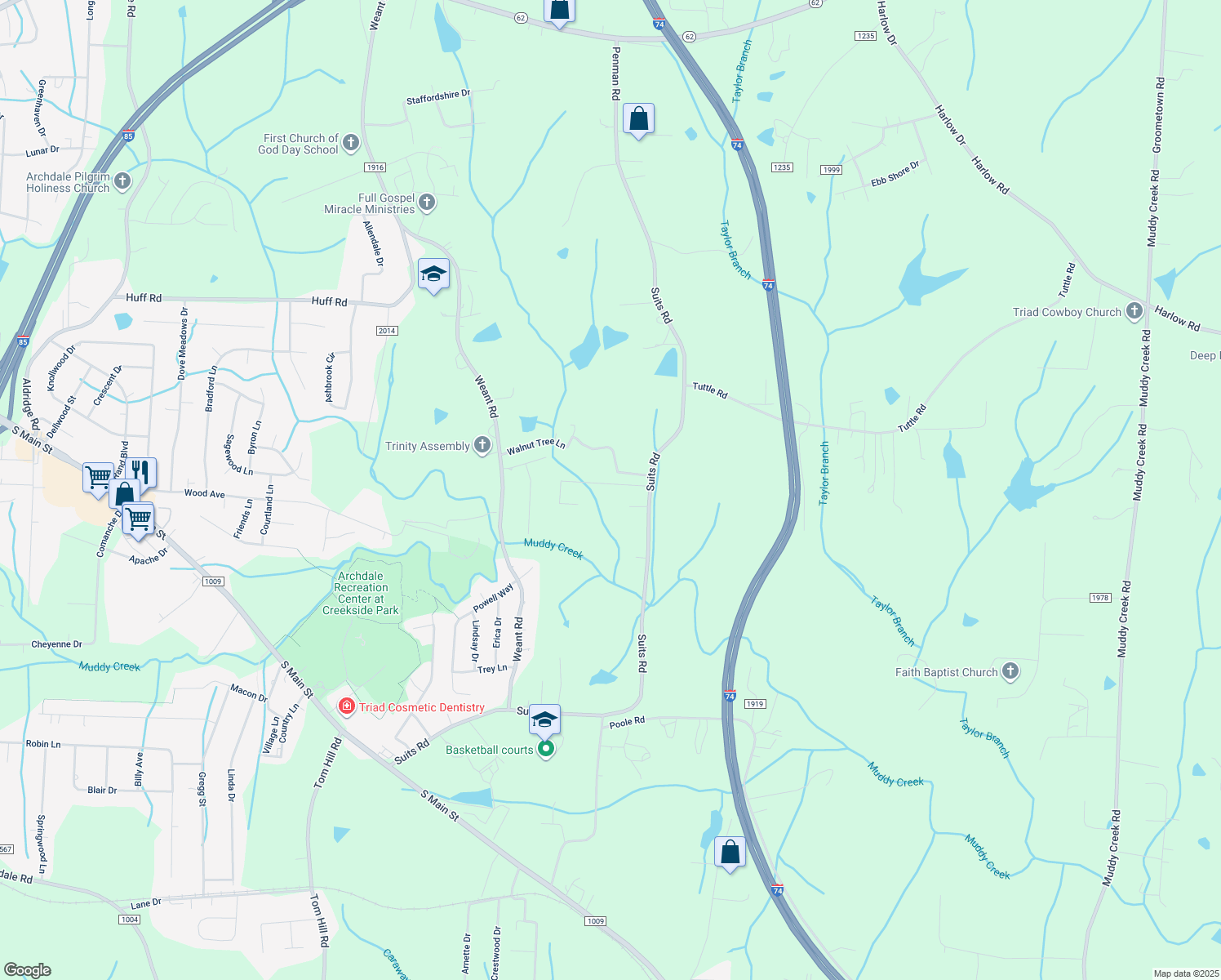 map of restaurants, bars, coffee shops, grocery stores, and more near 3355 Hilltop Drive in Archdale