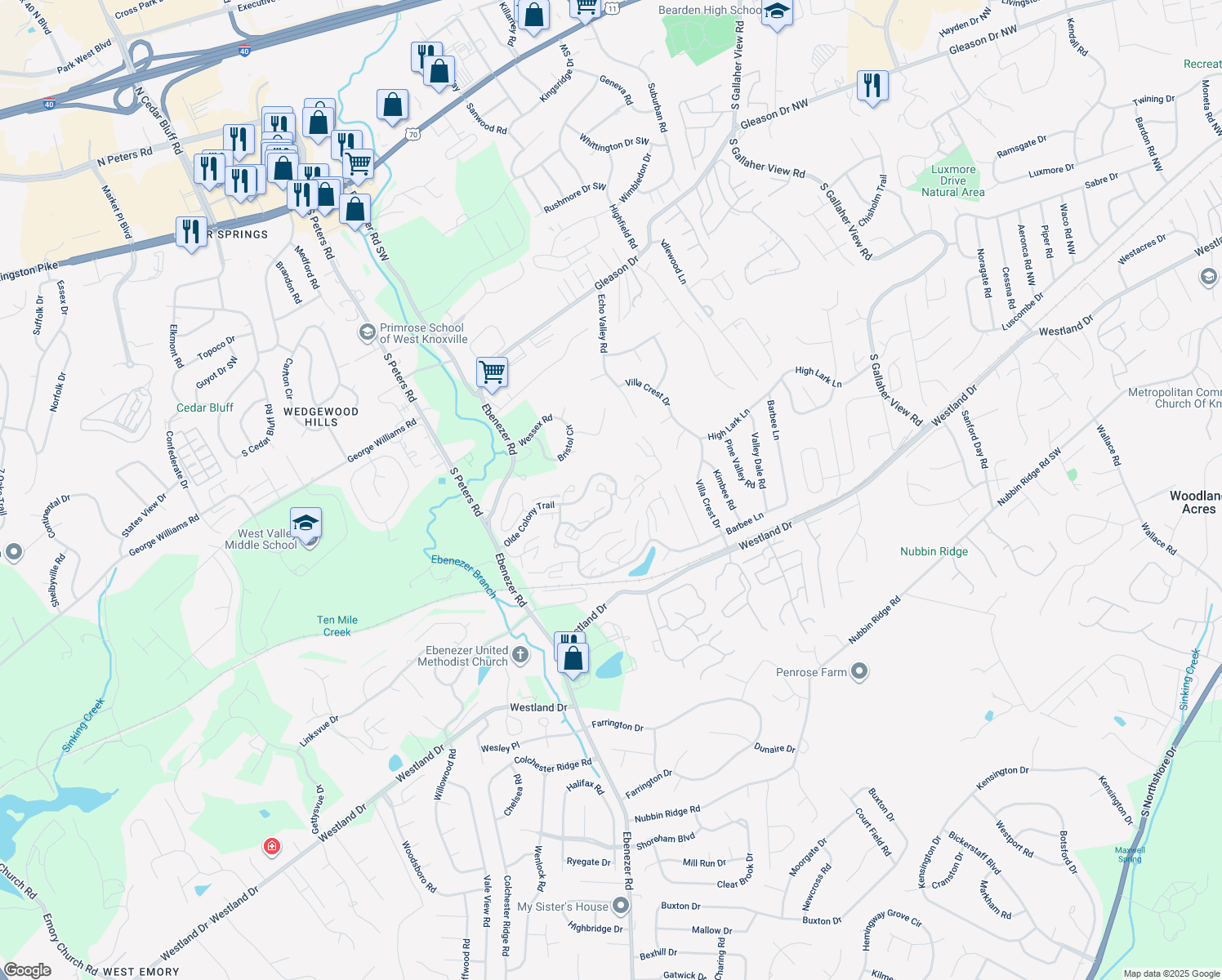 map of restaurants, bars, coffee shops, grocery stores, and more near 8500 Olde Colony Trail in Knoxville