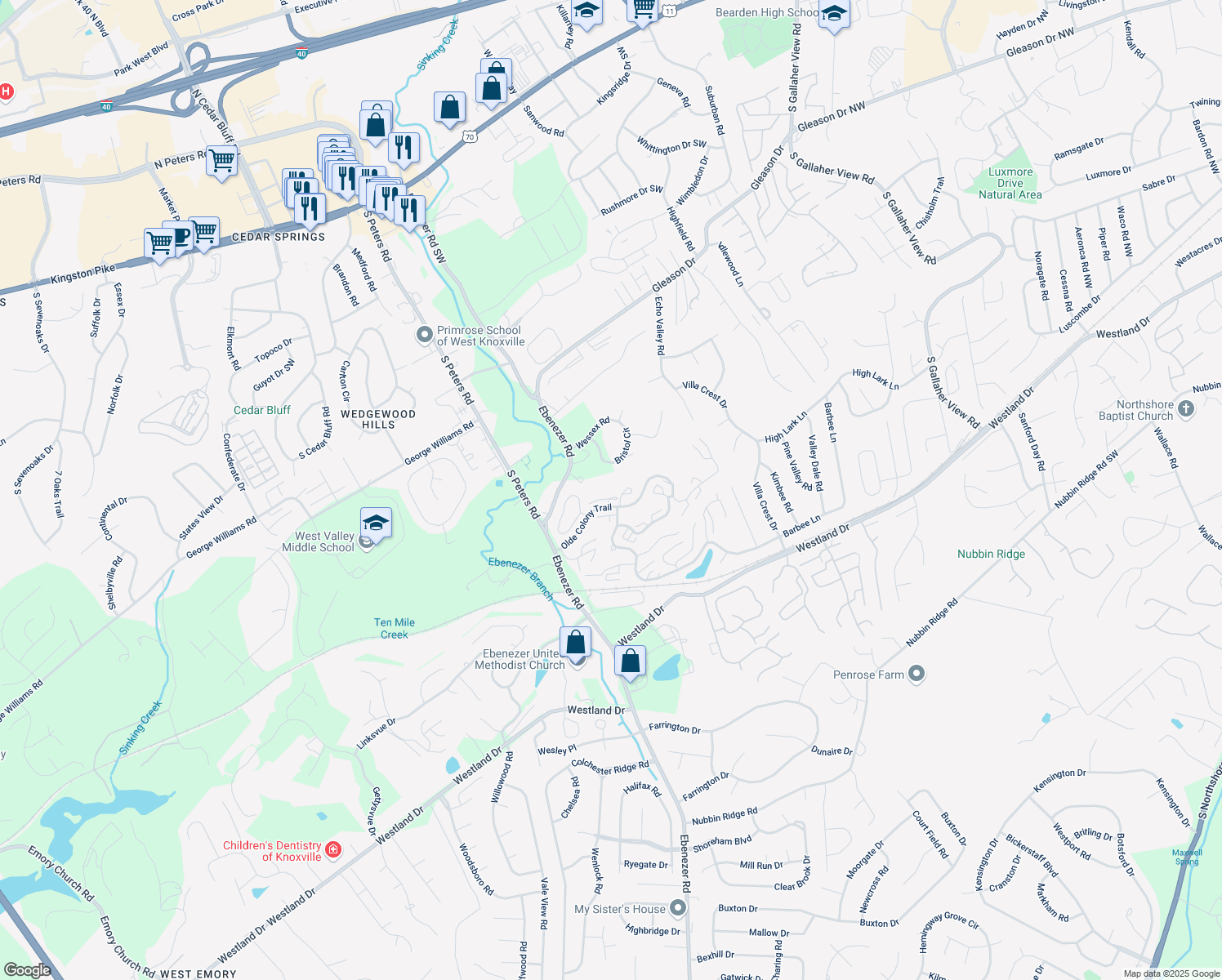 map of restaurants, bars, coffee shops, grocery stores, and more near 8705 Olde Colony Trail in Knoxville