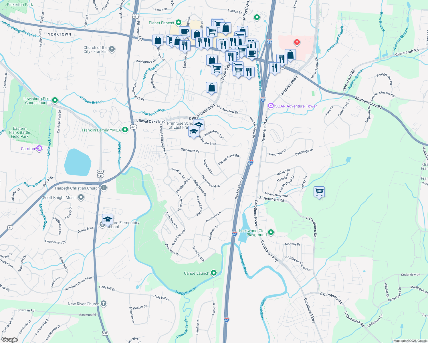 map of restaurants, bars, coffee shops, grocery stores, and more near 216 Turnbrook Lane in Franklin