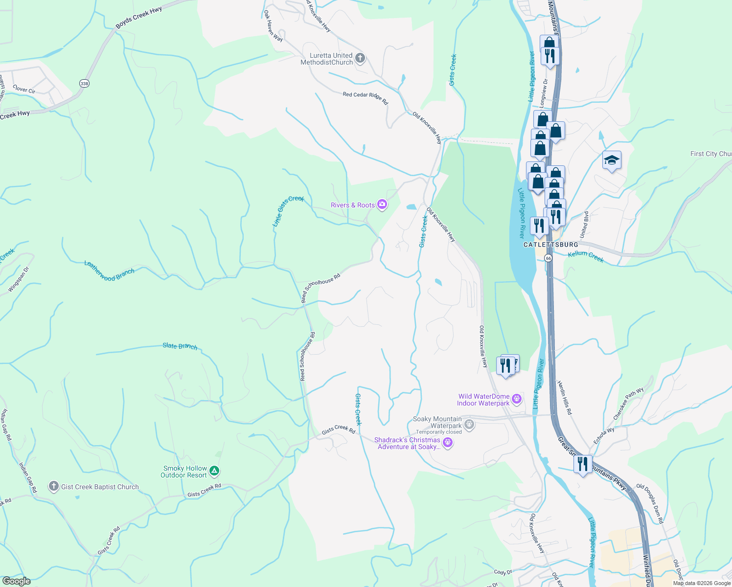 map of restaurants, bars, coffee shops, grocery stores, and more near 203 Reed Schoolhouse Road in Sevierville