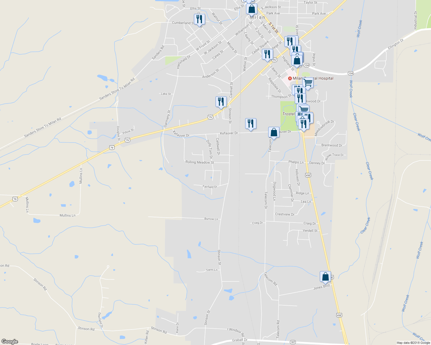 map of restaurants, bars, coffee shops, grocery stores, and more near 4099 Belew Drive in Milan