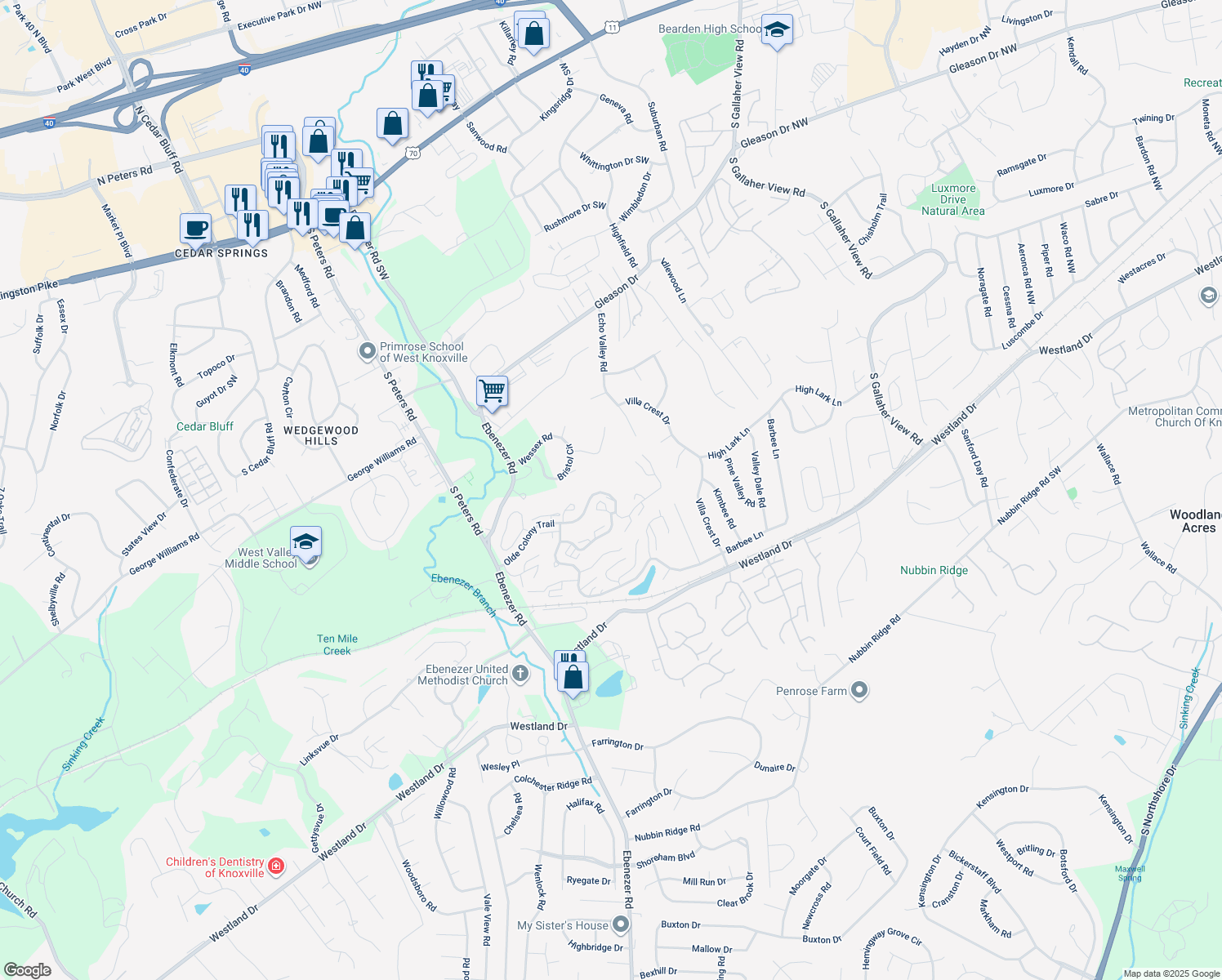 map of restaurants, bars, coffee shops, grocery stores, and more near 8500 Olde Colony Trail in Knoxville