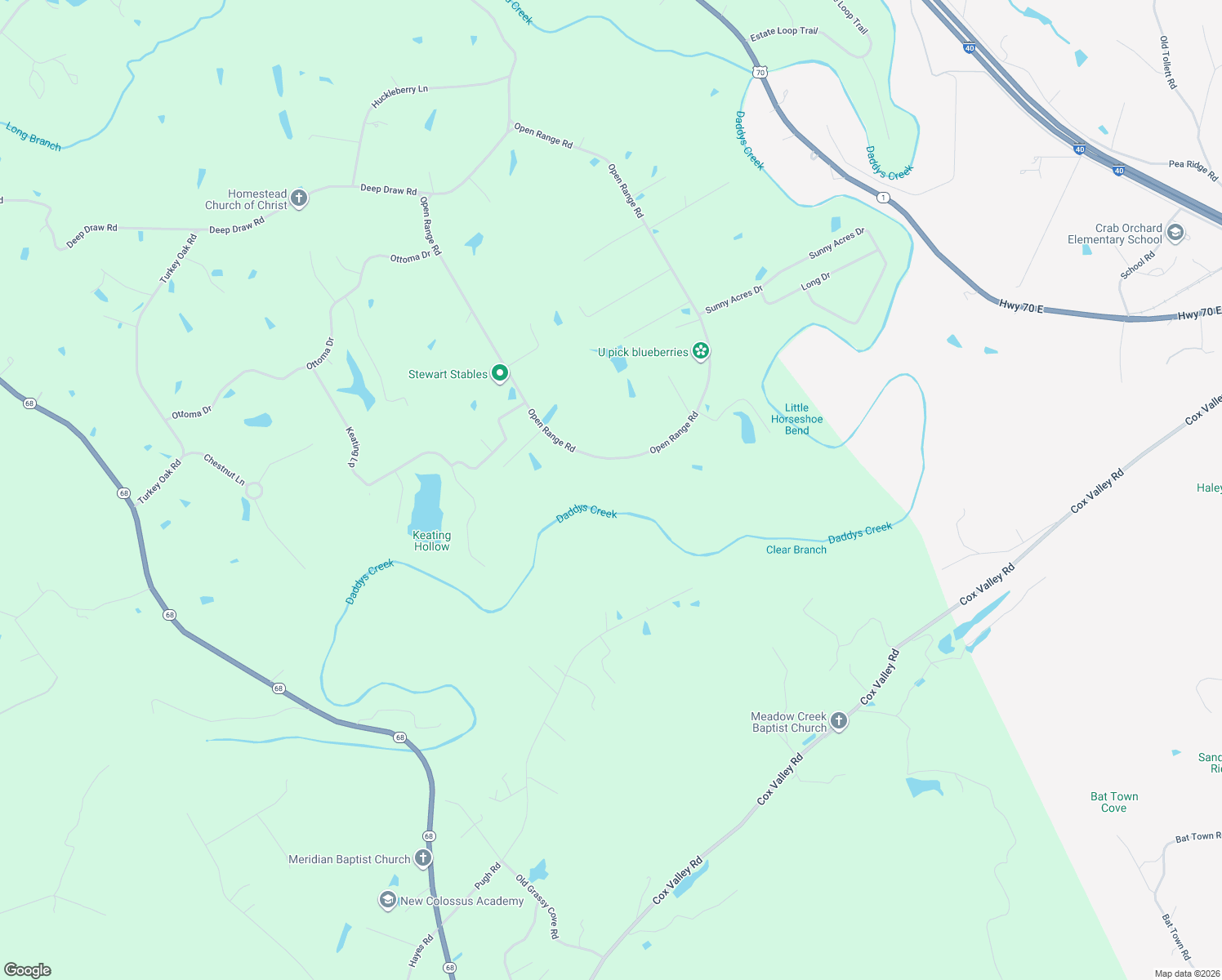 map of restaurants, bars, coffee shops, grocery stores, and more near 1032 Open Range Road in Crossville