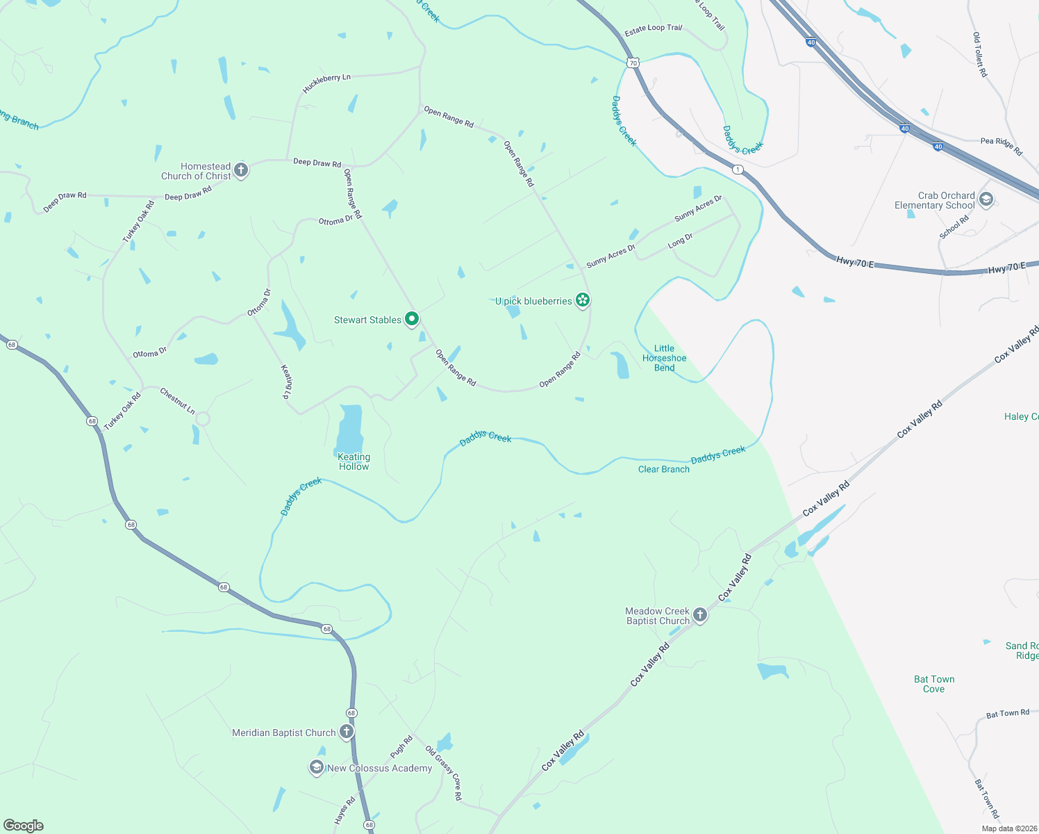 map of restaurants, bars, coffee shops, grocery stores, and more near 1032 Open Range Road in Crossville