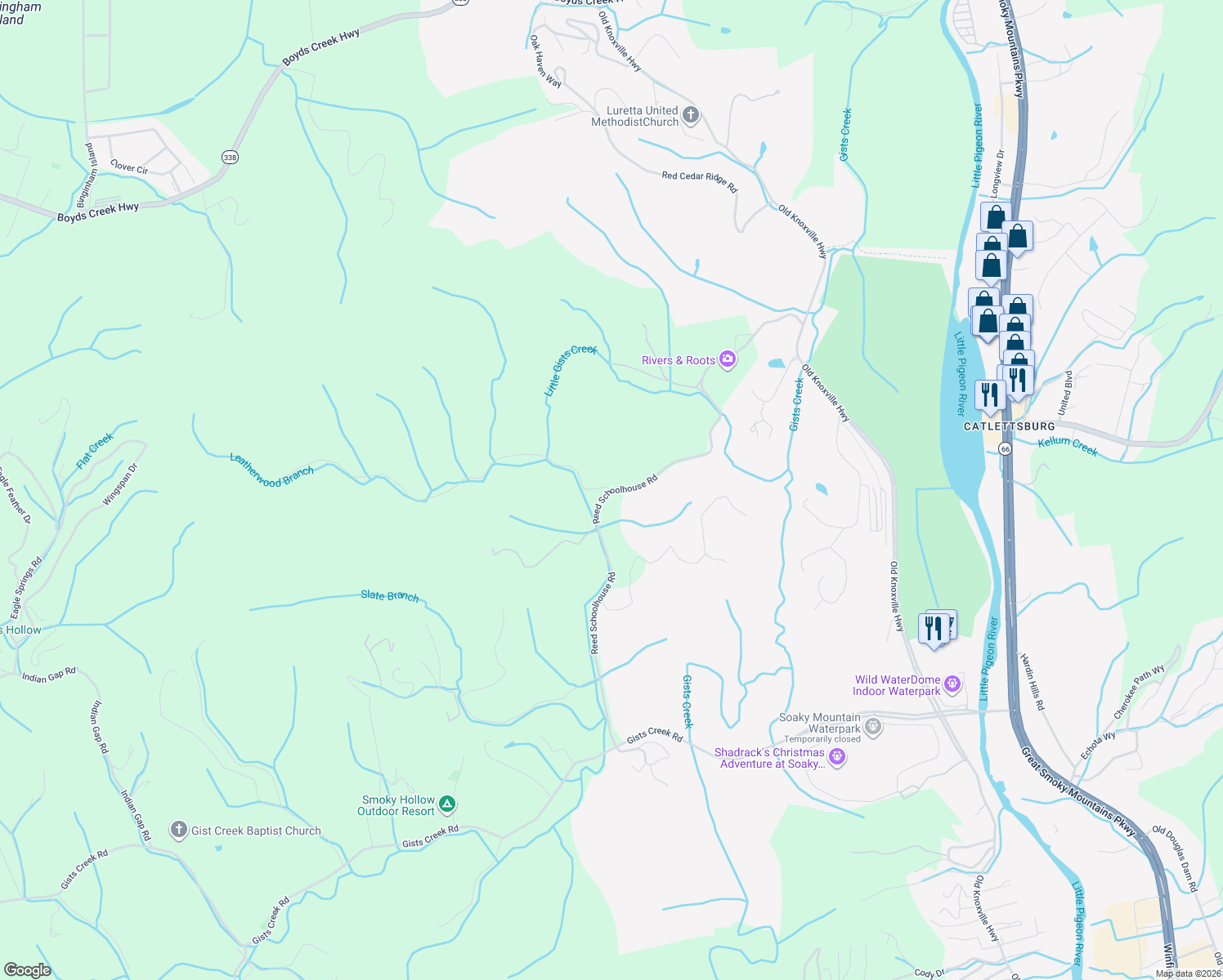 map of restaurants, bars, coffee shops, grocery stores, and more near 301 Reed Schoolhouse Road in Sevierville