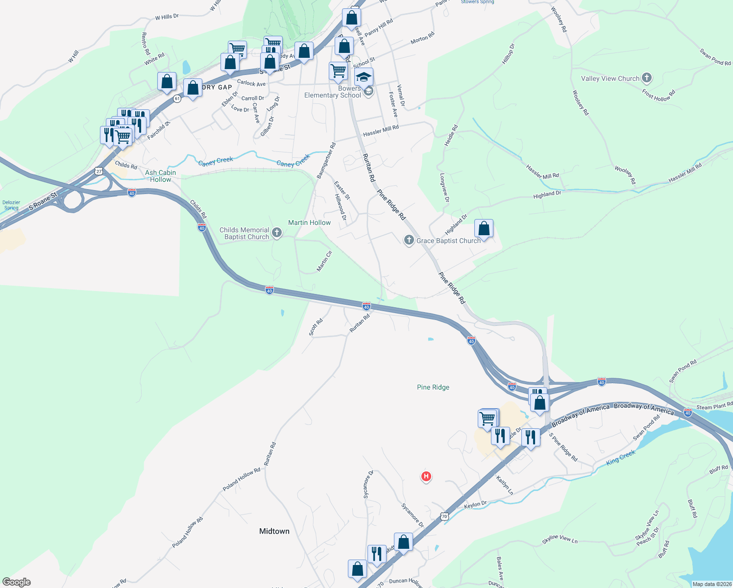 map of restaurants, bars, coffee shops, grocery stores, and more near 1550 Ruritan Road in Harriman