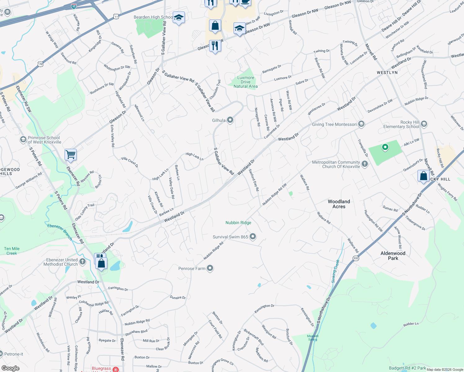 map of restaurants, bars, coffee shops, grocery stores, and more near 8330 Longcreek Lane in Knoxville