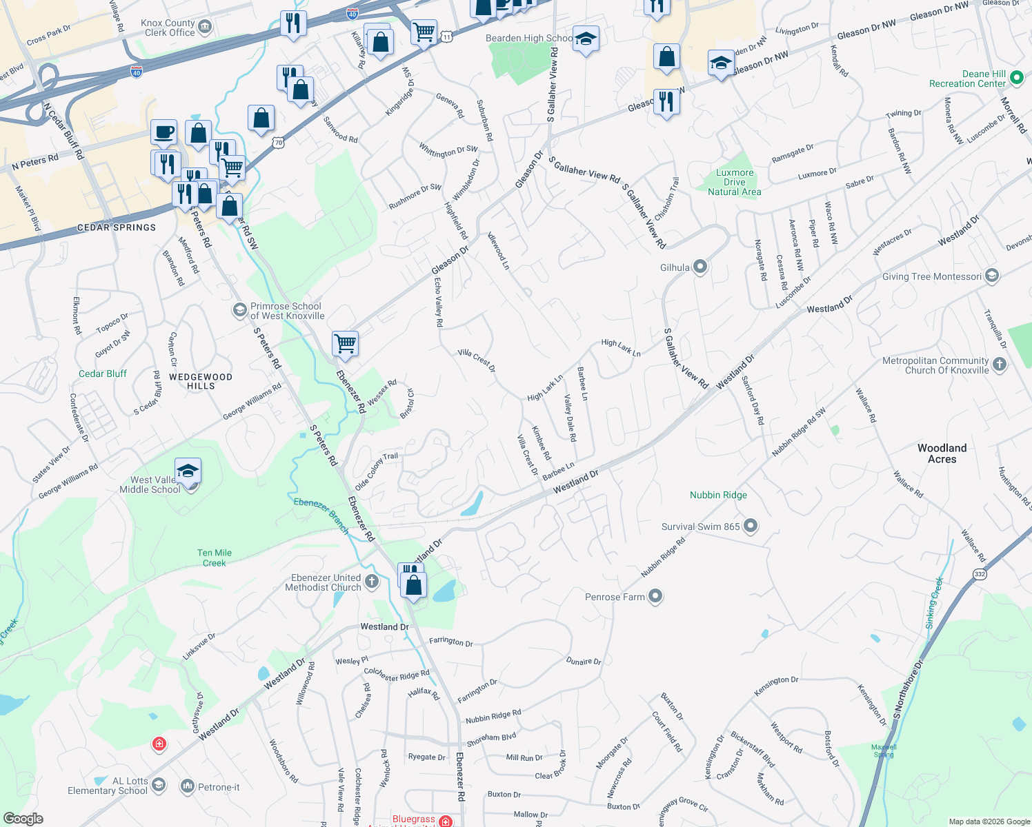 map of restaurants, bars, coffee shops, grocery stores, and more near 609 Villa Crest Drive in Knoxville