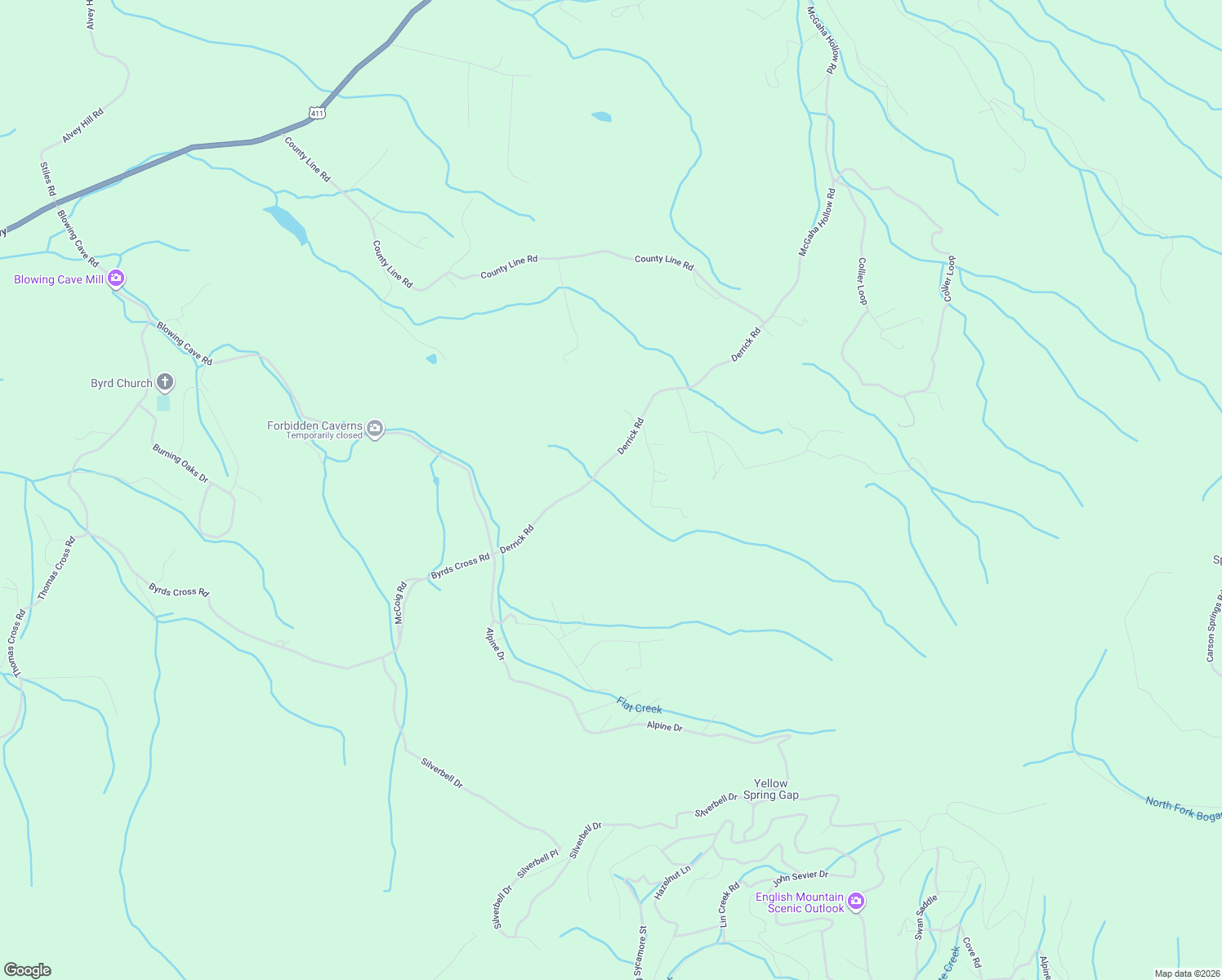 map of restaurants, bars, coffee shops, grocery stores, and more near 714 Derrick Road in Dandridge