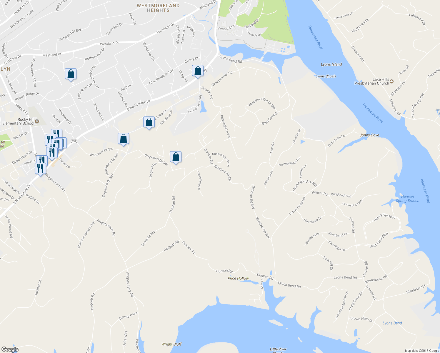 map of restaurants, bars, coffee shops, grocery stores, and more near 1811 Schriver Road Southwest in Knoxville