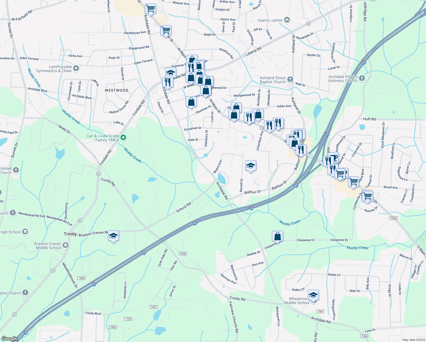 map of restaurants, bars, coffee shops, grocery stores, and more near 4335 Archdale Road in Archdale
