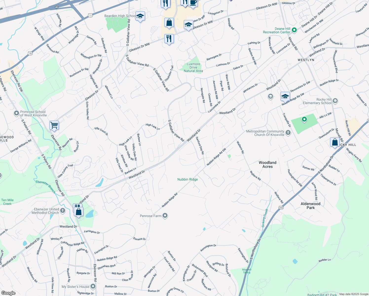 map of restaurants, bars, coffee shops, grocery stores, and more near 8330 Longcreek Lane in Knoxville