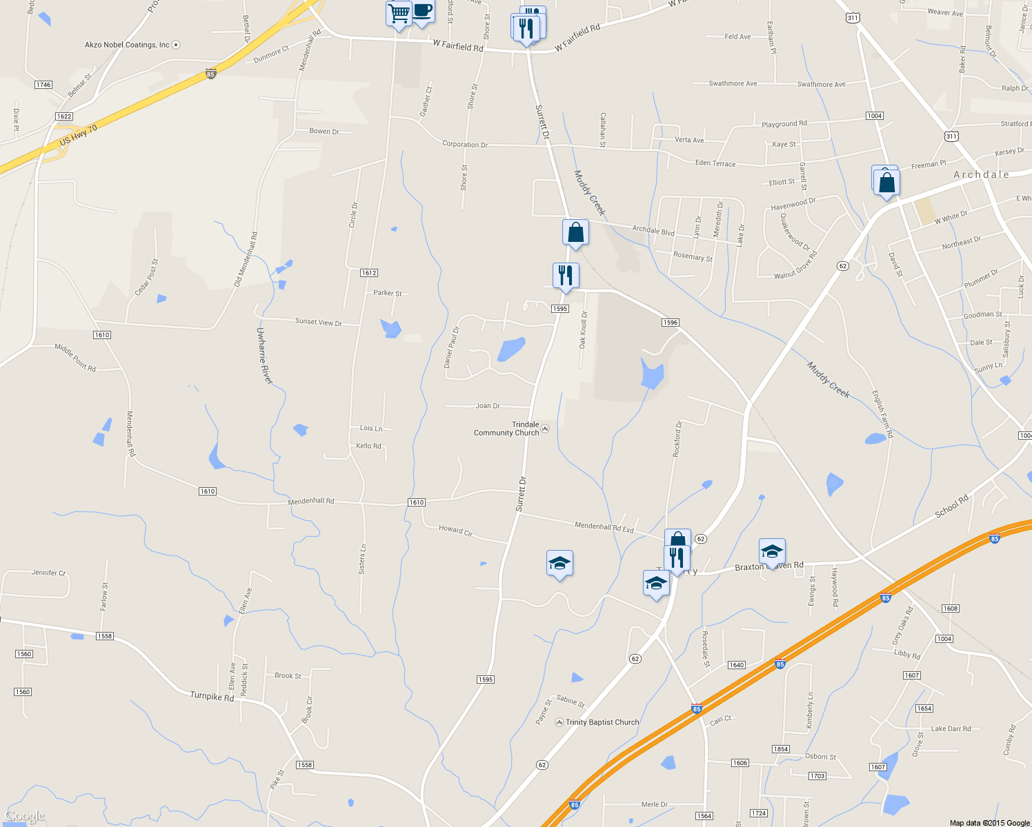 map of restaurants, bars, coffee shops, grocery stores, and more near 5731 Joan Drive in Archdale
