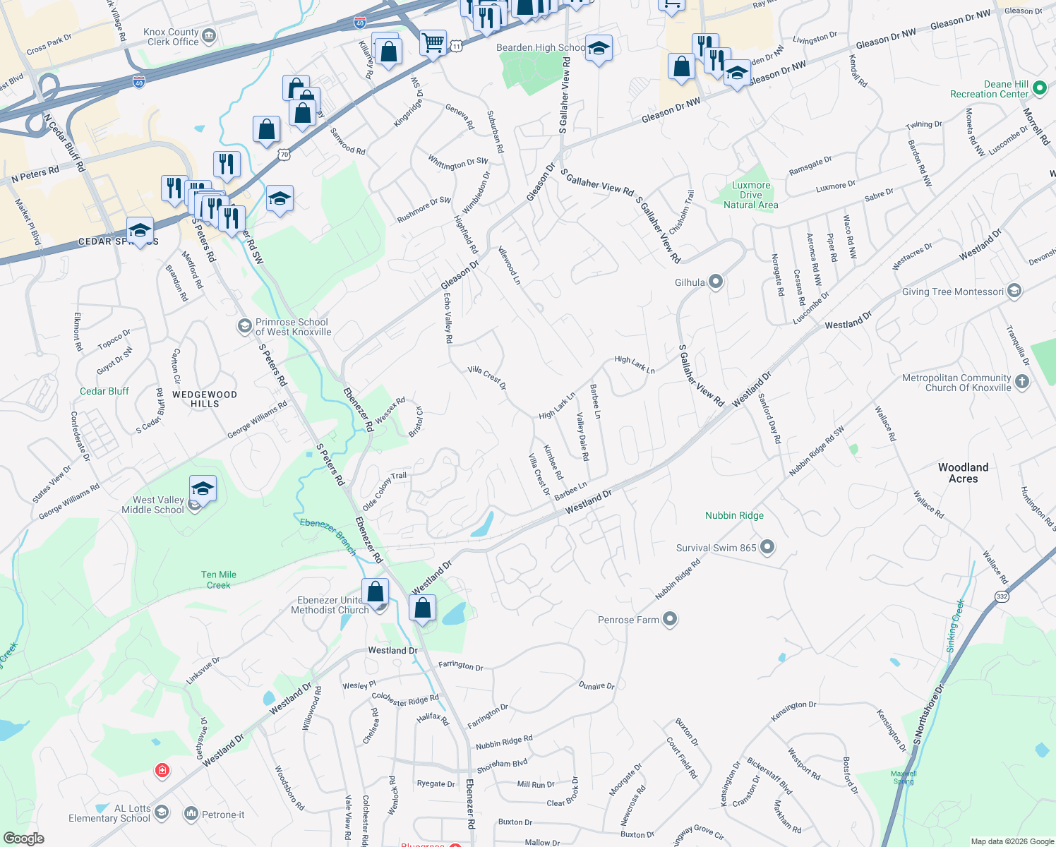 map of restaurants, bars, coffee shops, grocery stores, and more near 609 Villa Crest Drive in Knoxville
