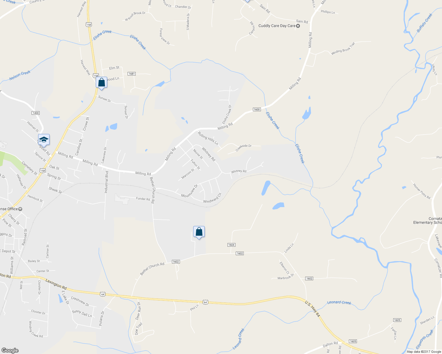 map of restaurants, bars, coffee shops, grocery stores, and more near 520 Mountview Drive in Mocksville
