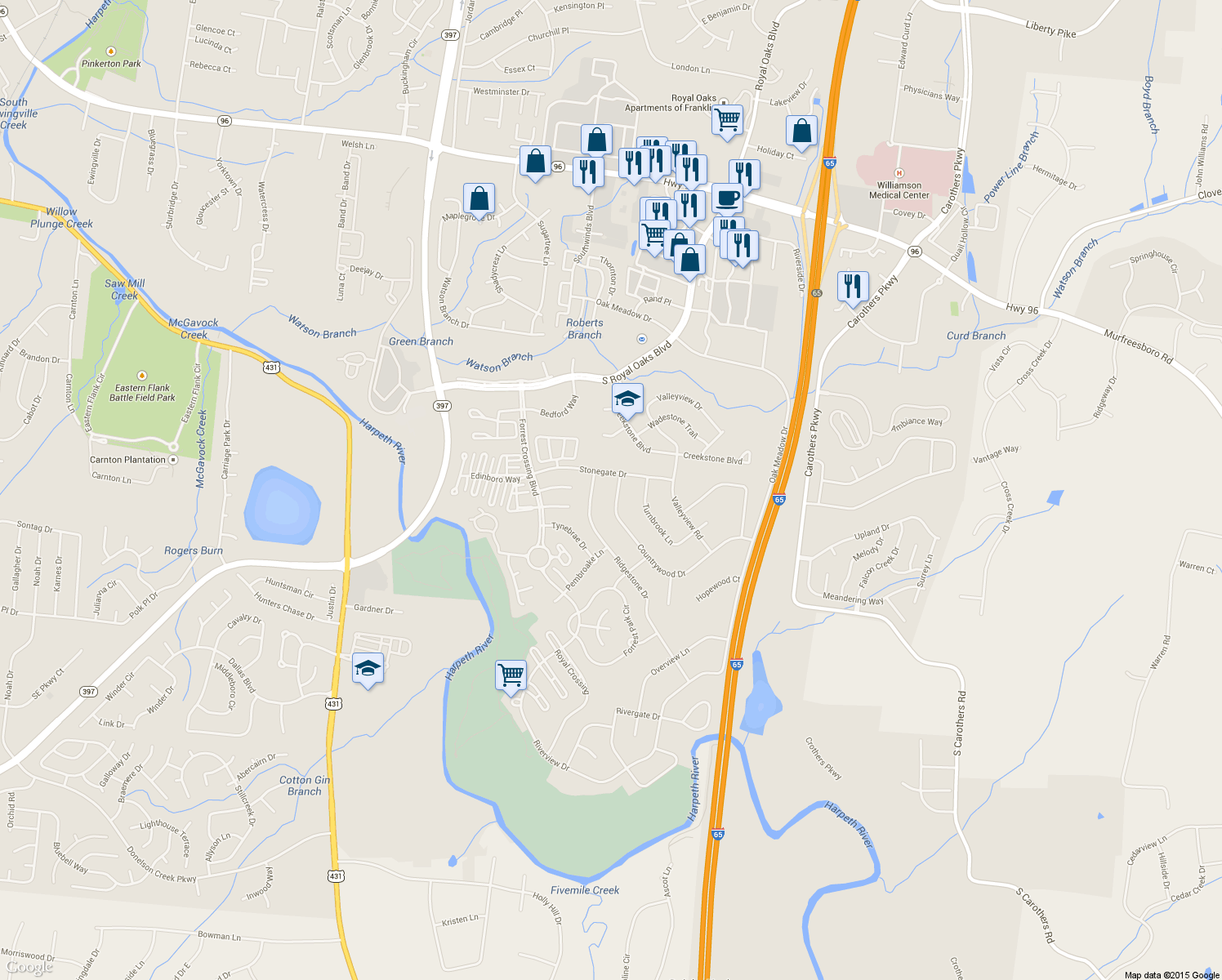 map of restaurants, bars, coffee shops, grocery stores, and more near 830 Countrywood Drive in Franklin