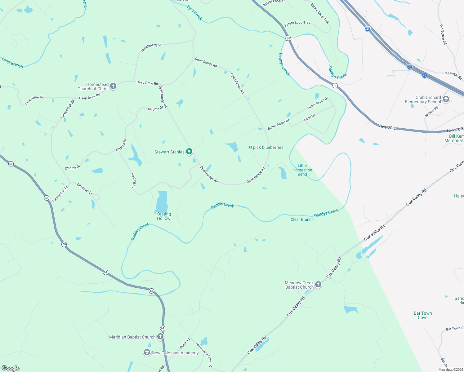 map of restaurants, bars, coffee shops, grocery stores, and more near 915 Open Range Road in Crossville