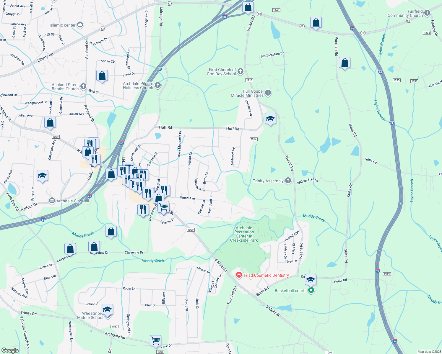 map of restaurants, bars, coffee shops, grocery stores, and more near 1409 Sagewood Lane in Archdale