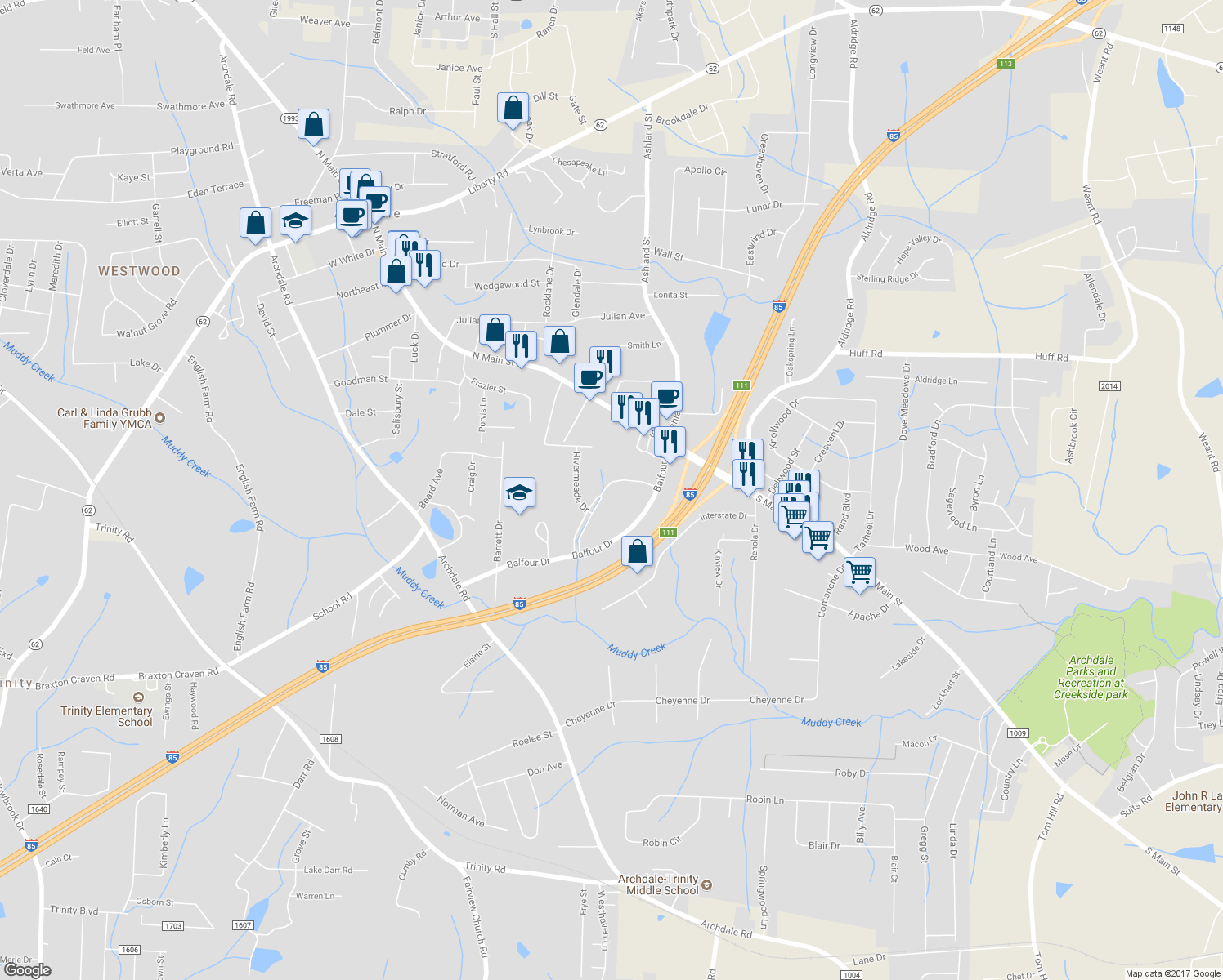 map of restaurants, bars, coffee shops, grocery stores, and more near 111 Brookhollow Lane in Archdale