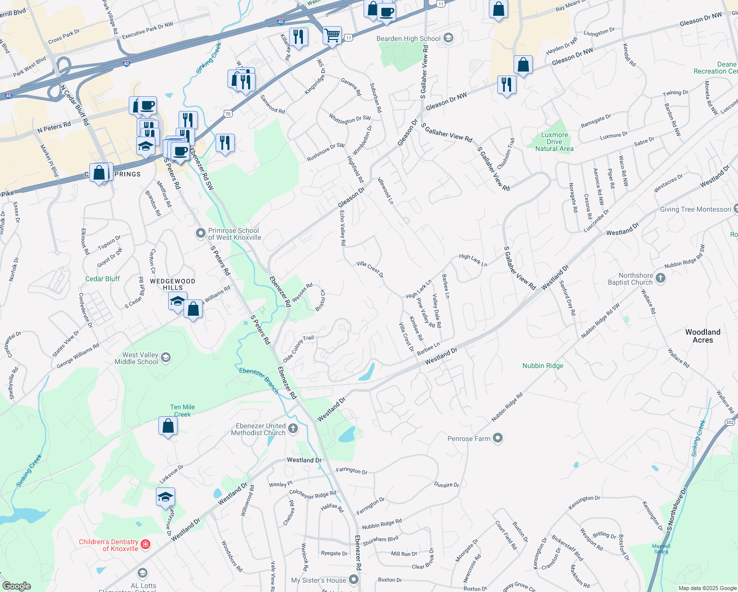 map of restaurants, bars, coffee shops, grocery stores, and more near 8400 Olde Colony Trail in Knoxville