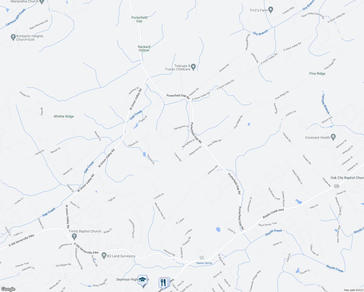 map of restaurants, bars, coffee shops, grocery stores, and more near 1322 Springfield Drive in Seymour