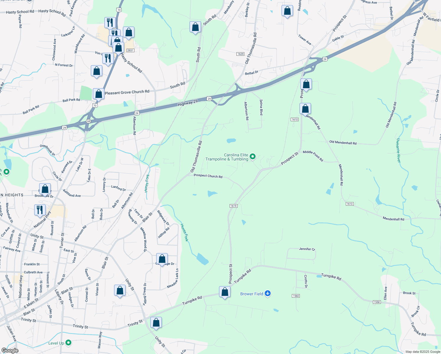 map of restaurants, bars, coffee shops, grocery stores, and more near 7021 Prospect Church Road in Thomasville