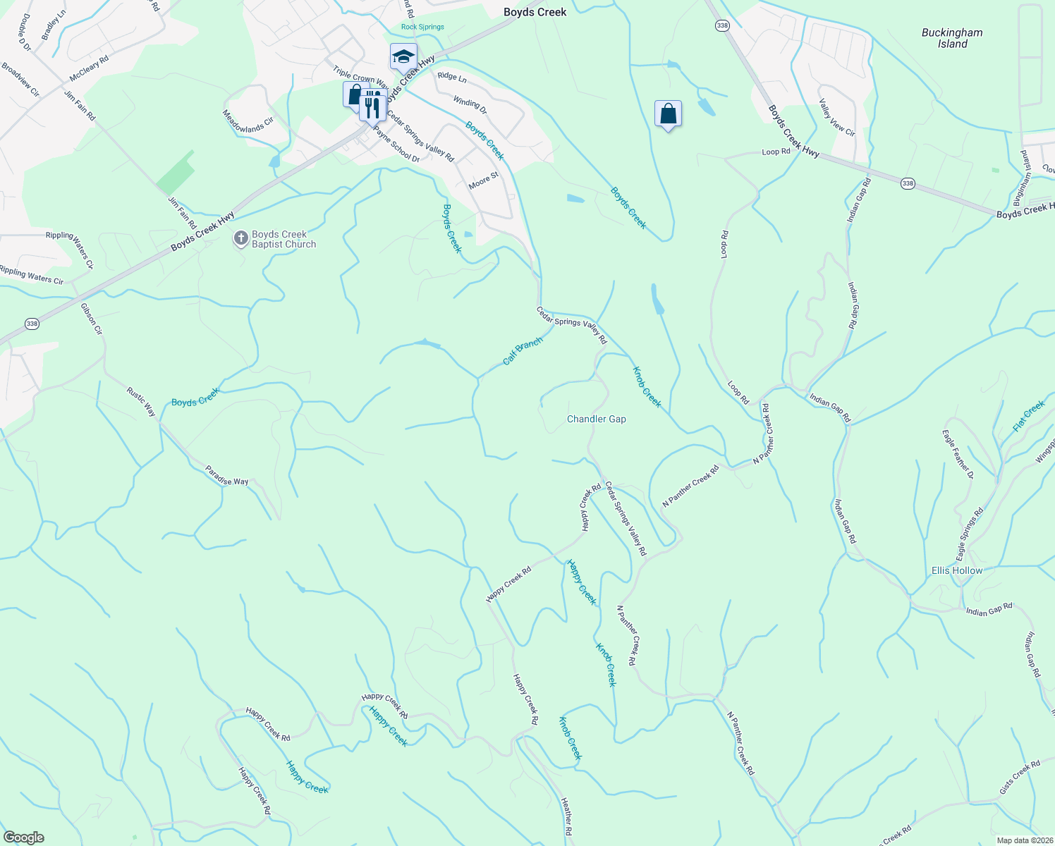 map of restaurants, bars, coffee shops, grocery stores, and more near 945 Cedar Springs Valley Road in Sevierville