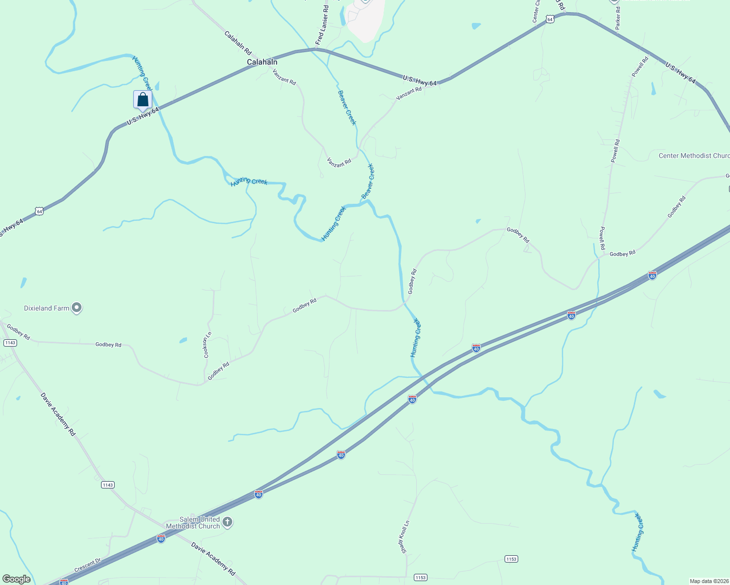 map of restaurants, bars, coffee shops, grocery stores, and more near 1134 Godbey Road in Mocksville