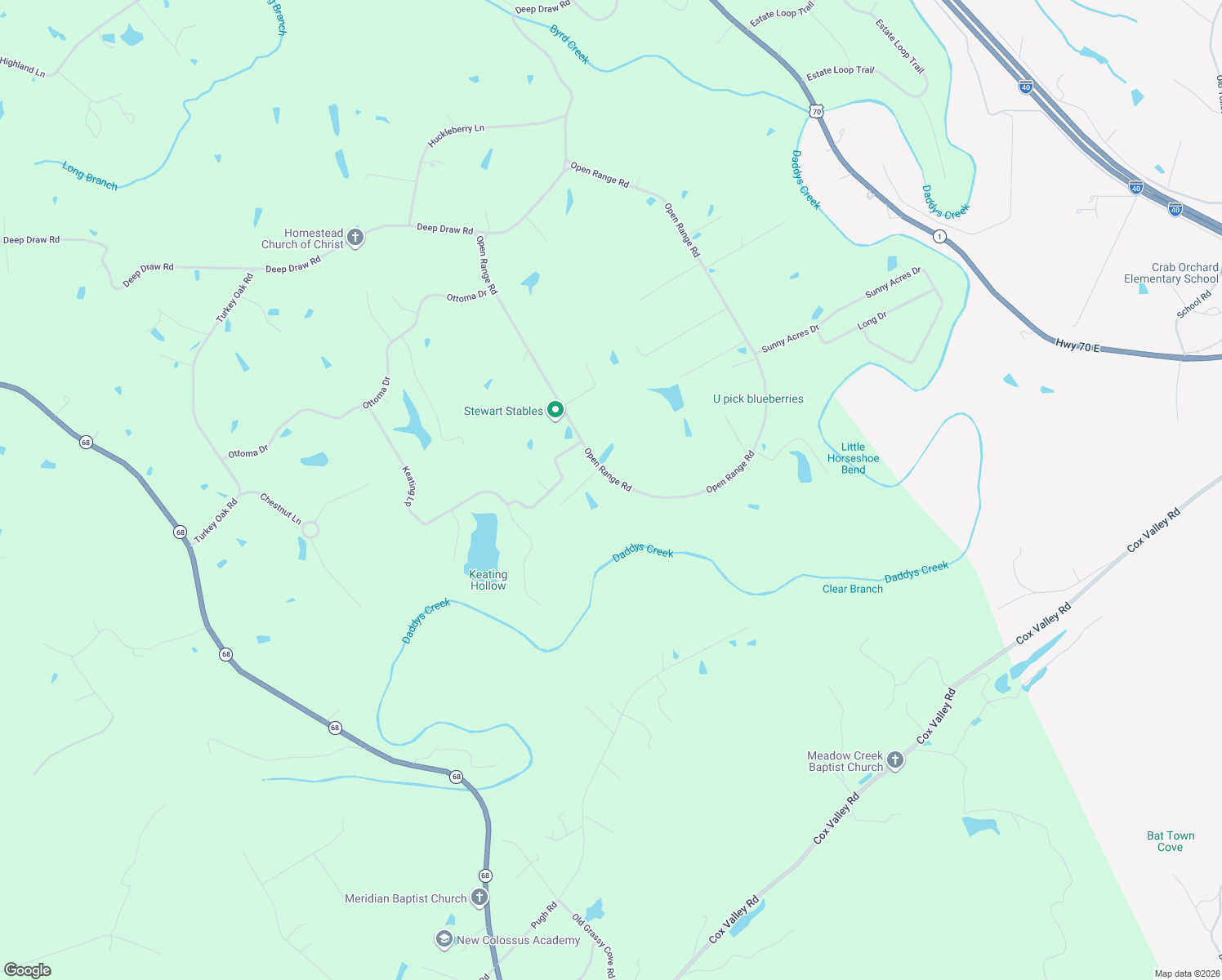 map of restaurants, bars, coffee shops, grocery stores, and more near 866 Open Range Road in Crossville