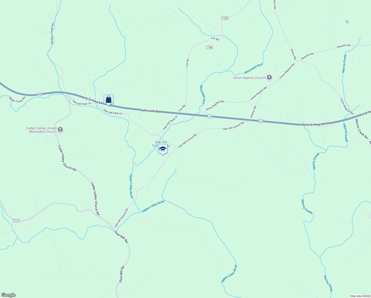 map of restaurants, bars, coffee shops, grocery stores, and more near 4636 Oak Hill School Road in Lenoir