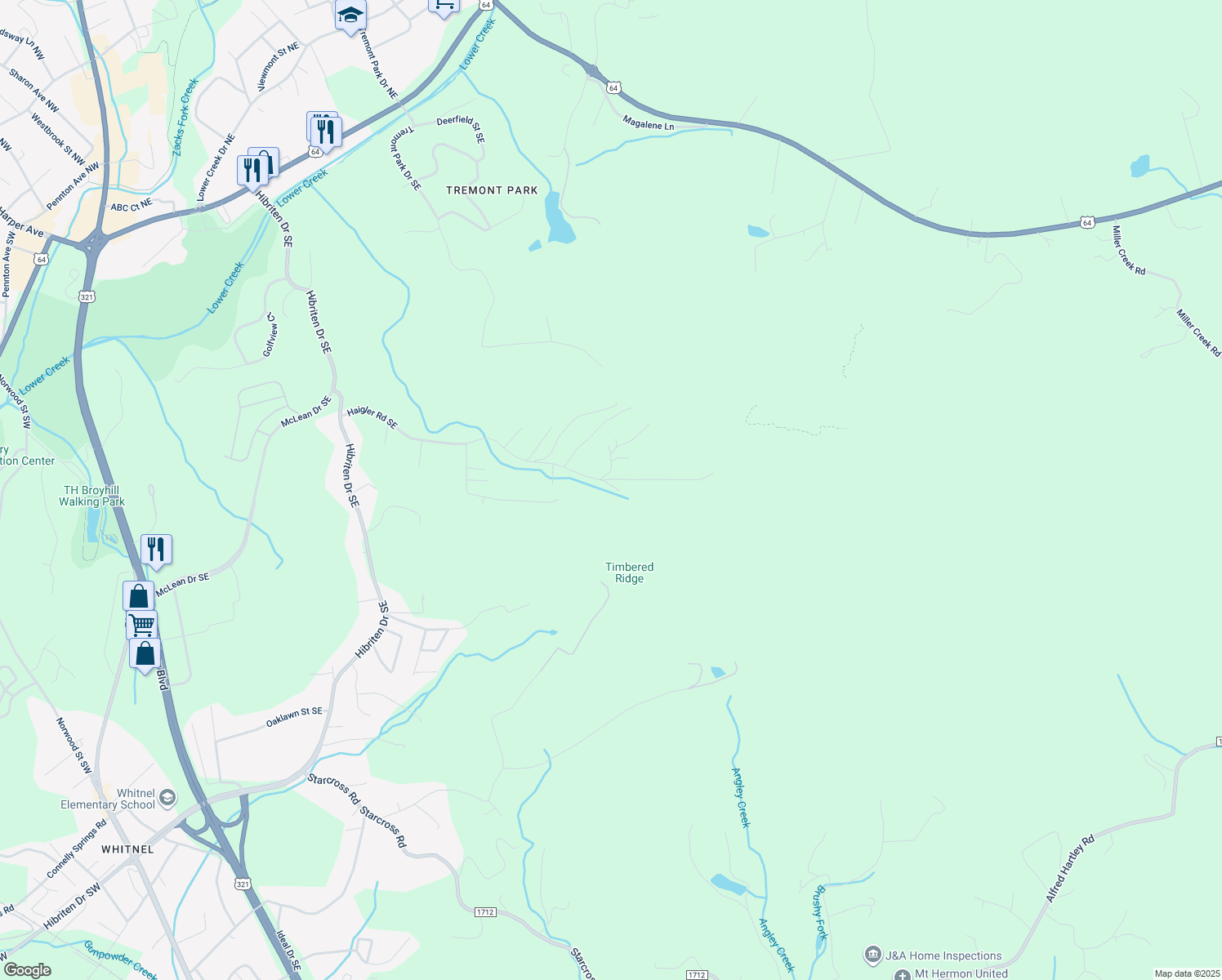 map of restaurants, bars, coffee shops, grocery stores, and more near 176 Haigler Rd SE in Lenoir