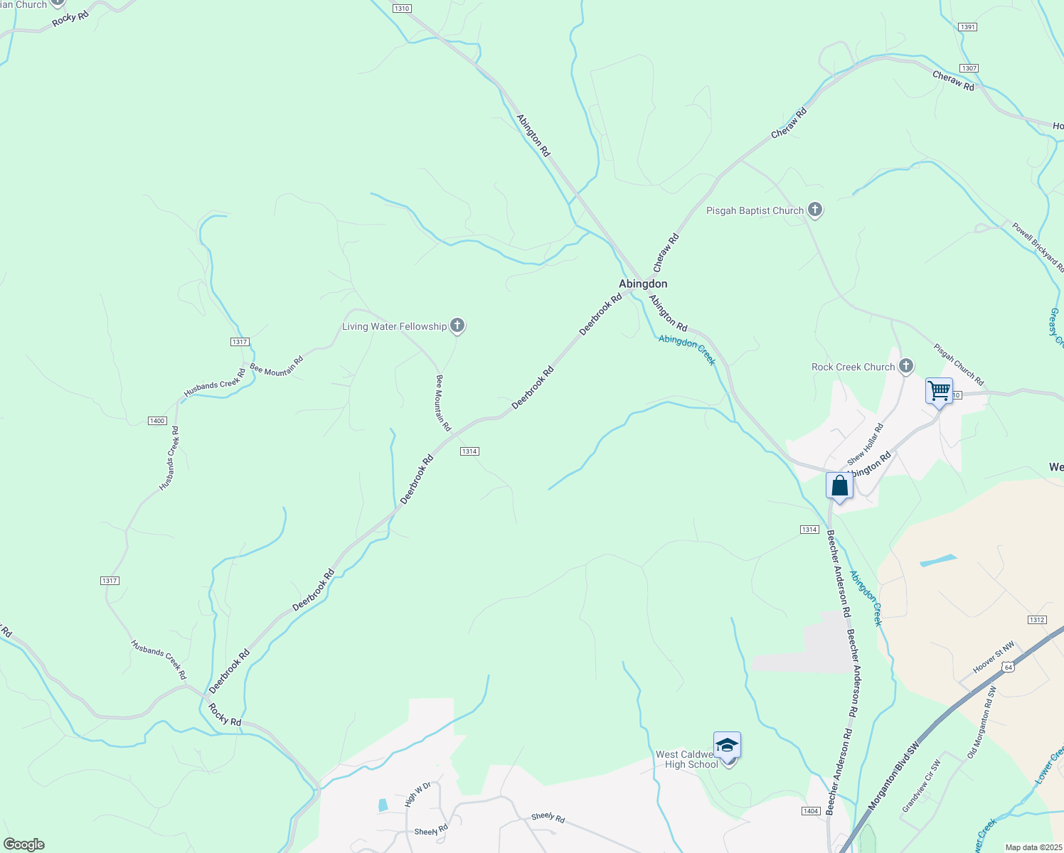 map of restaurants, bars, coffee shops, grocery stores, and more near 3305 Deerbrook Road in Lenoir