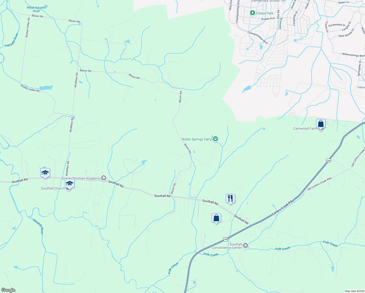 map of restaurants, bars, coffee shops, grocery stores, and more near 3160 Blazer Road in Franklin