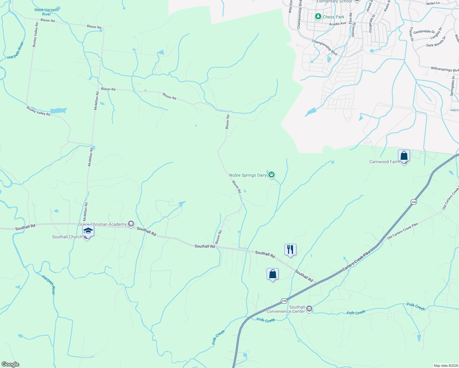 map of restaurants, bars, coffee shops, grocery stores, and more near 3160 Blazer Road in Franklin