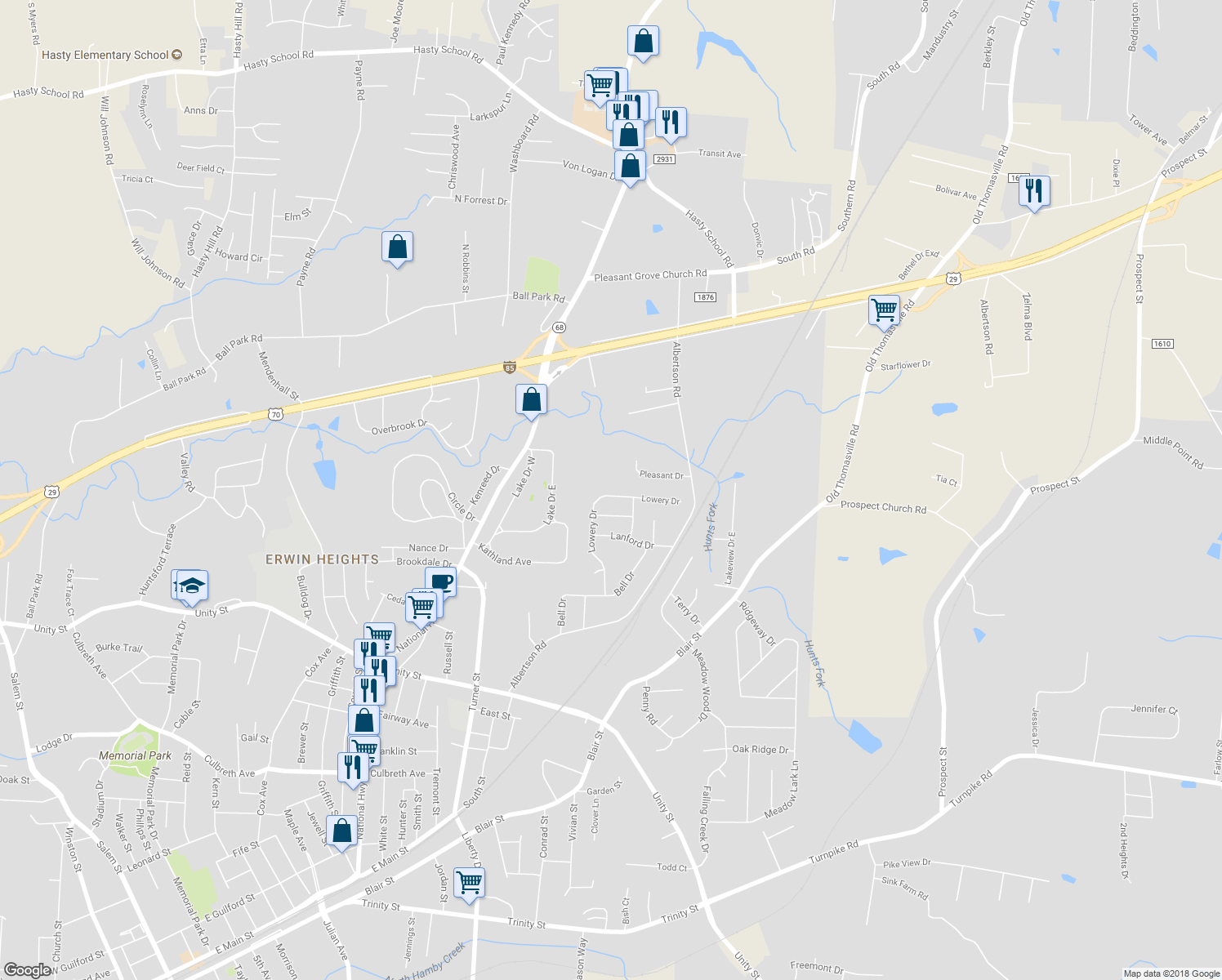 map of restaurants, bars, coffee shops, grocery stores, and more near 84 Lowery Drive in Thomasville