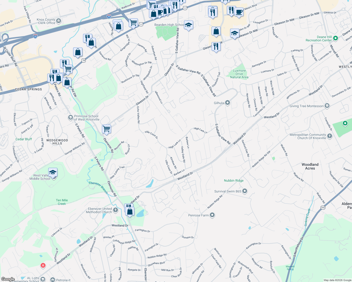 map of restaurants, bars, coffee shops, grocery stores, and more near 8613 High Lark Lane in Knoxville
