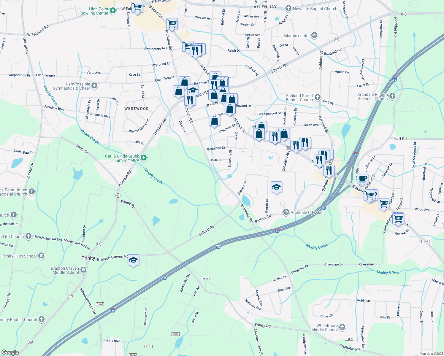 map of restaurants, bars, coffee shops, grocery stores, and more near 4313 Archdale Road in Archdale