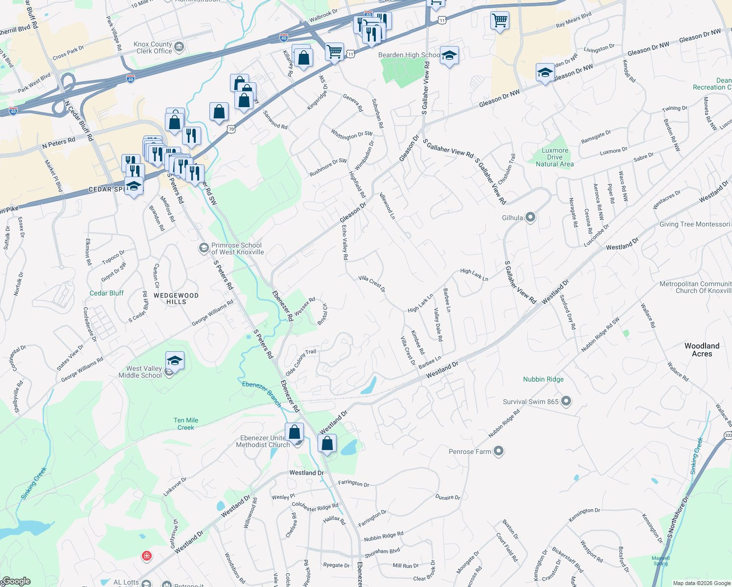 map of restaurants, bars, coffee shops, grocery stores, and more near 518 Echo Valley Road in Knoxville