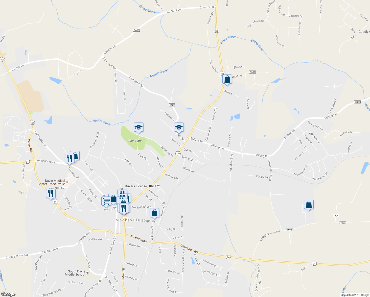 map of restaurants, bars, coffee shops, grocery stores, and more near 900 N Main St in Mocksville