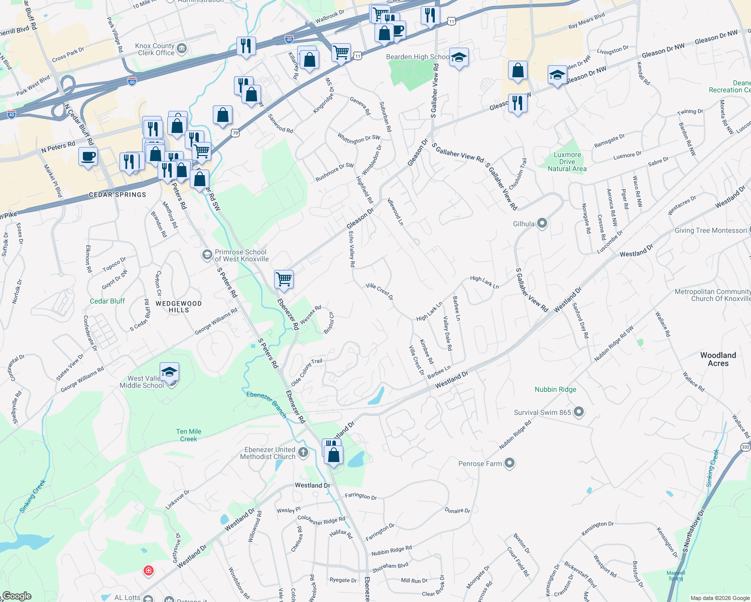 map of restaurants, bars, coffee shops, grocery stores, and more near 518 Echo Valley Road in Knoxville